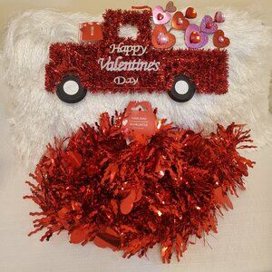 Valentine’s Day Red Tinsel Pick-Up Truck & 9ft Tinsel Heart Garland Decor Bundle